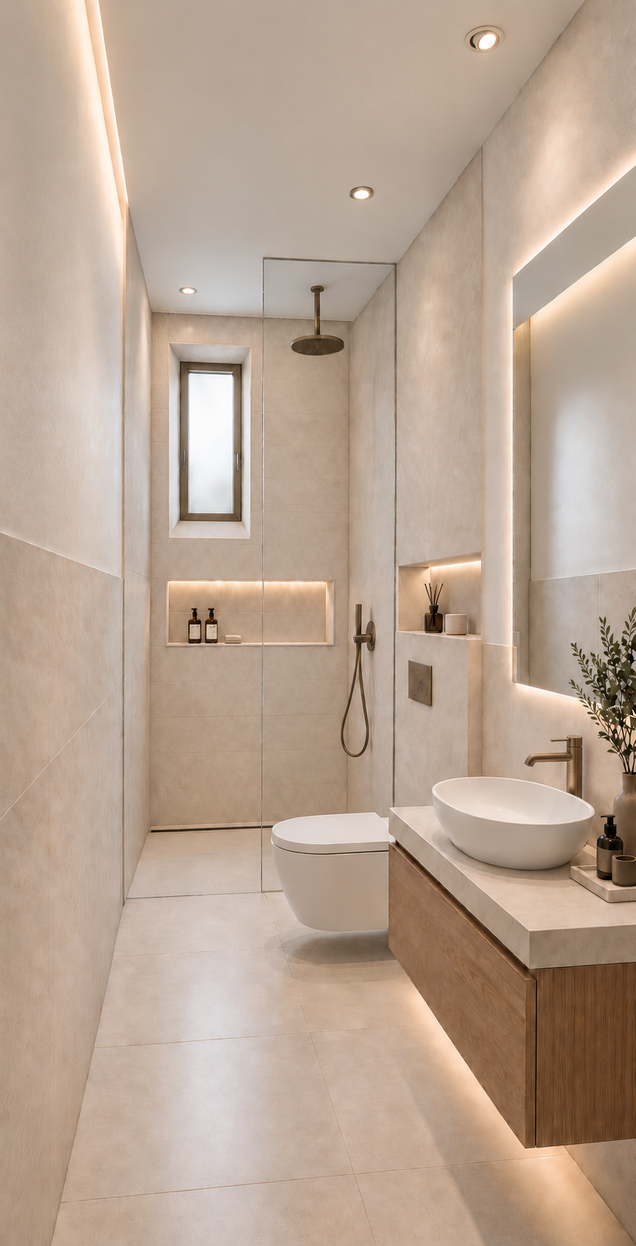 Bathroom design with warm stone finishes and integrated lighting