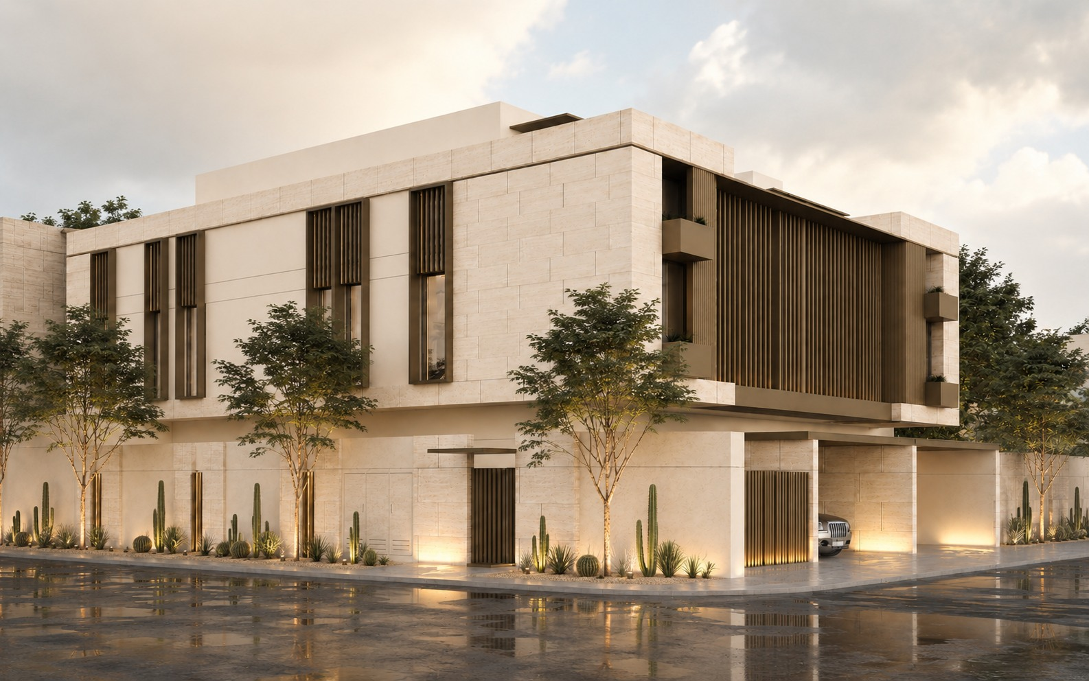 Al Narjis façade design with stone cladding, vertical screens and private garage entrances