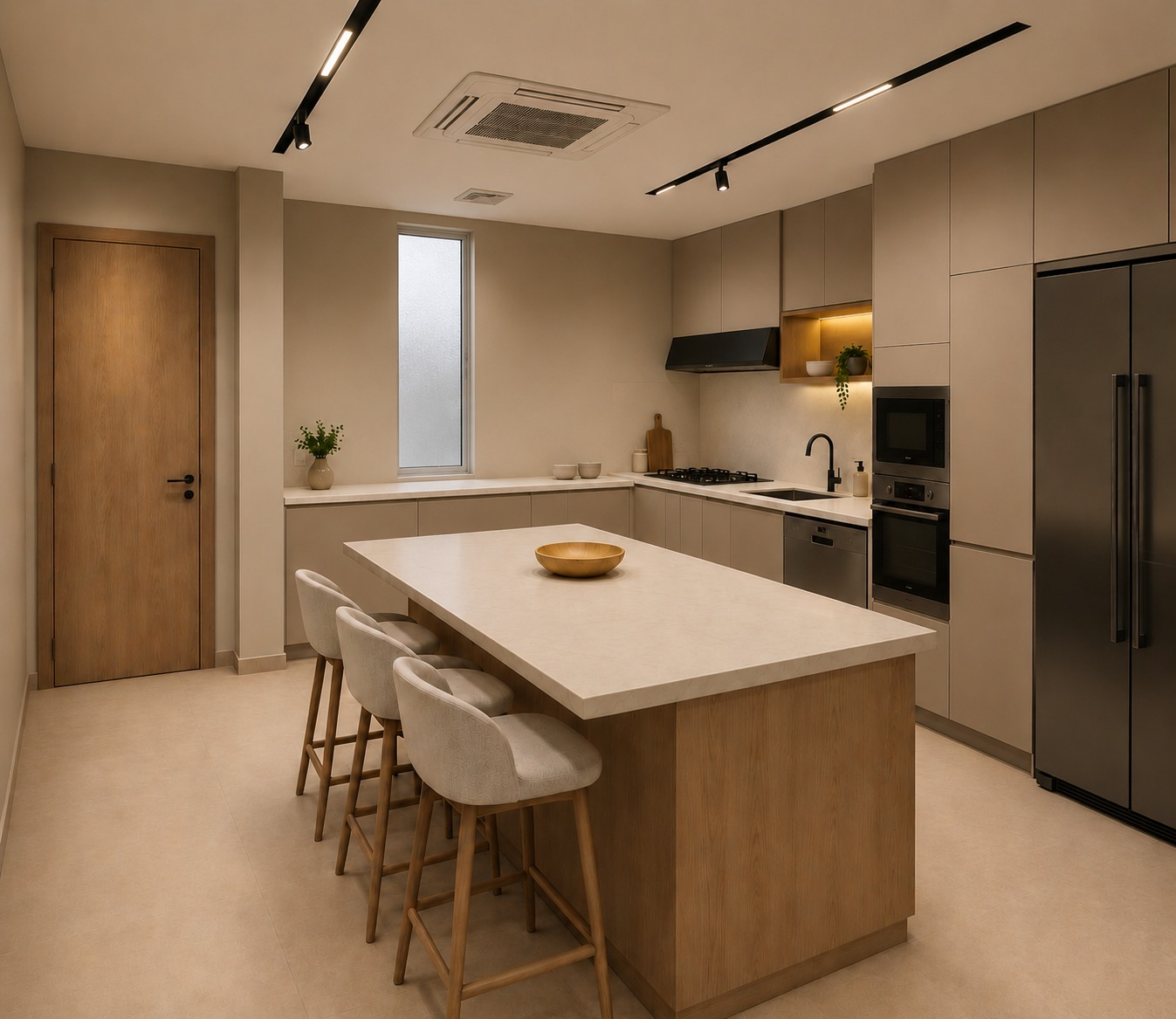 Spacious kitchen design with an island and integrated cabinetry