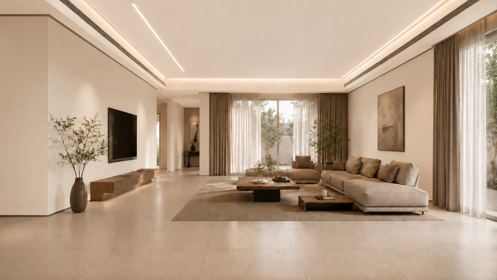Al Narjis living-room design with large windows and neutral finishes